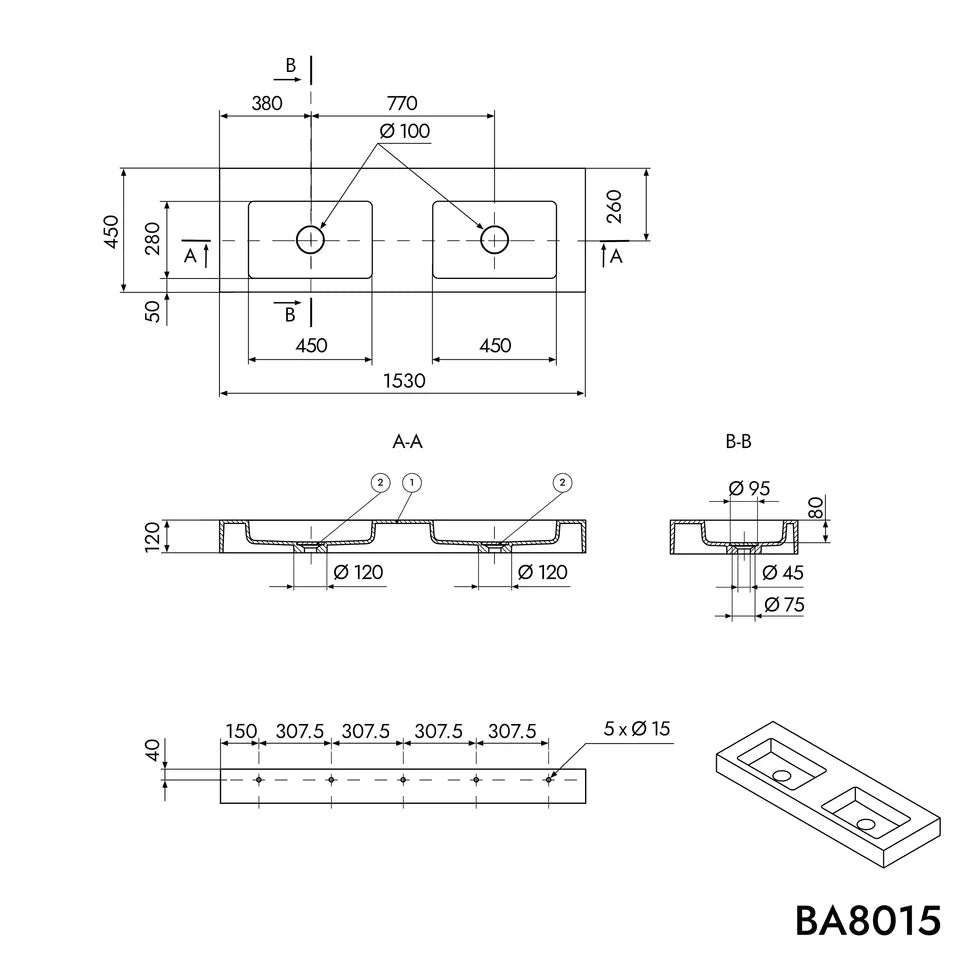 Double wall washbasin BA8015 in mineral casting