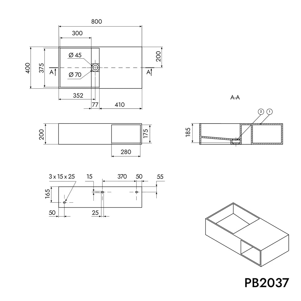 Wall-mounted washbasin PB2037 in mineral casting