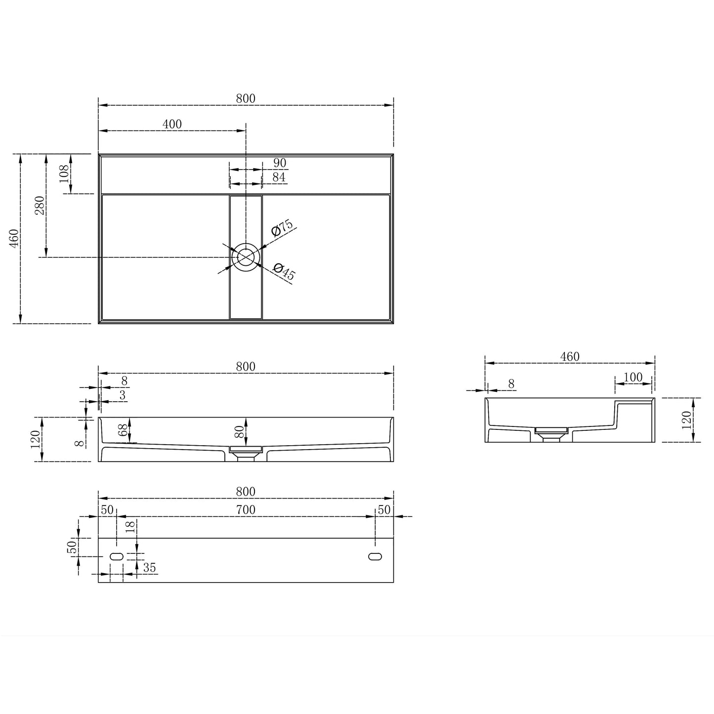 Solid Surface washbasin for wall or floor mounting - TWG211 - matt white - adjustable width