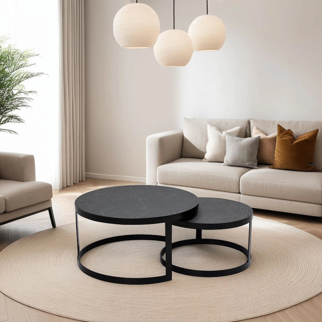 Stalux Coffee Table Saar Round Marble Look Black Set of 2