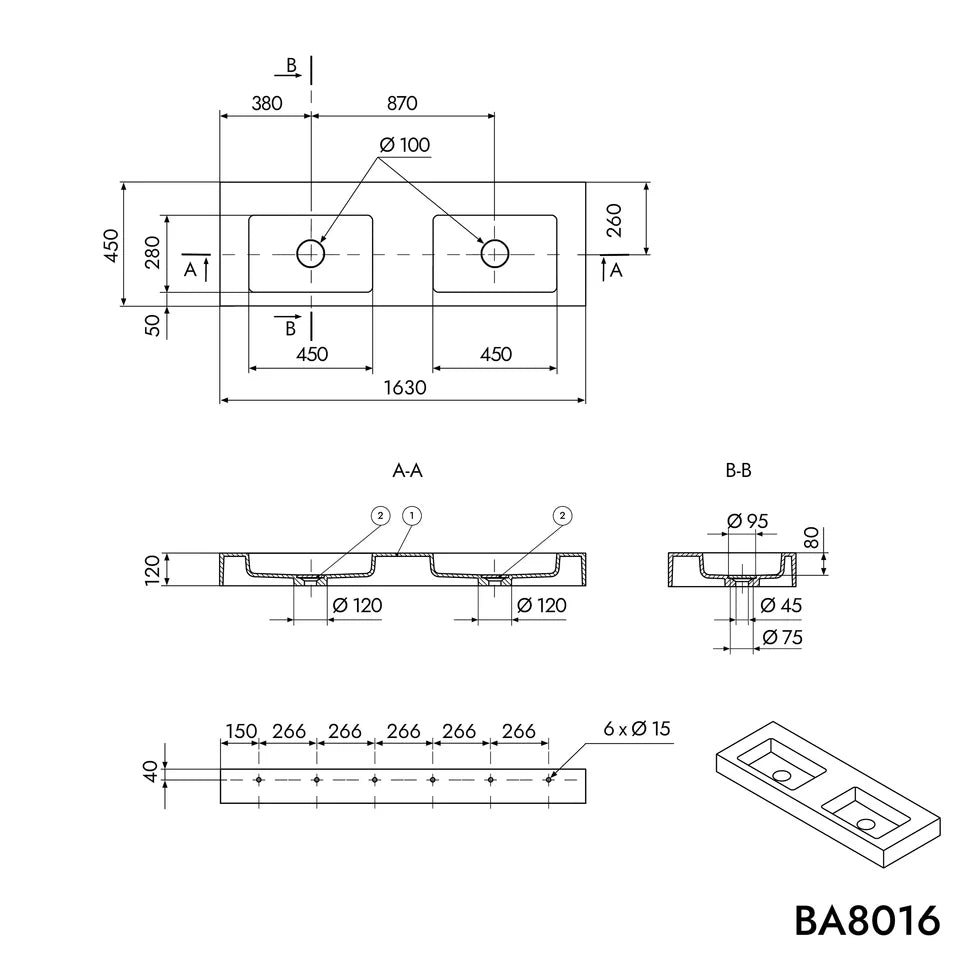 Double wall washbasin BA8016 in mineral casting