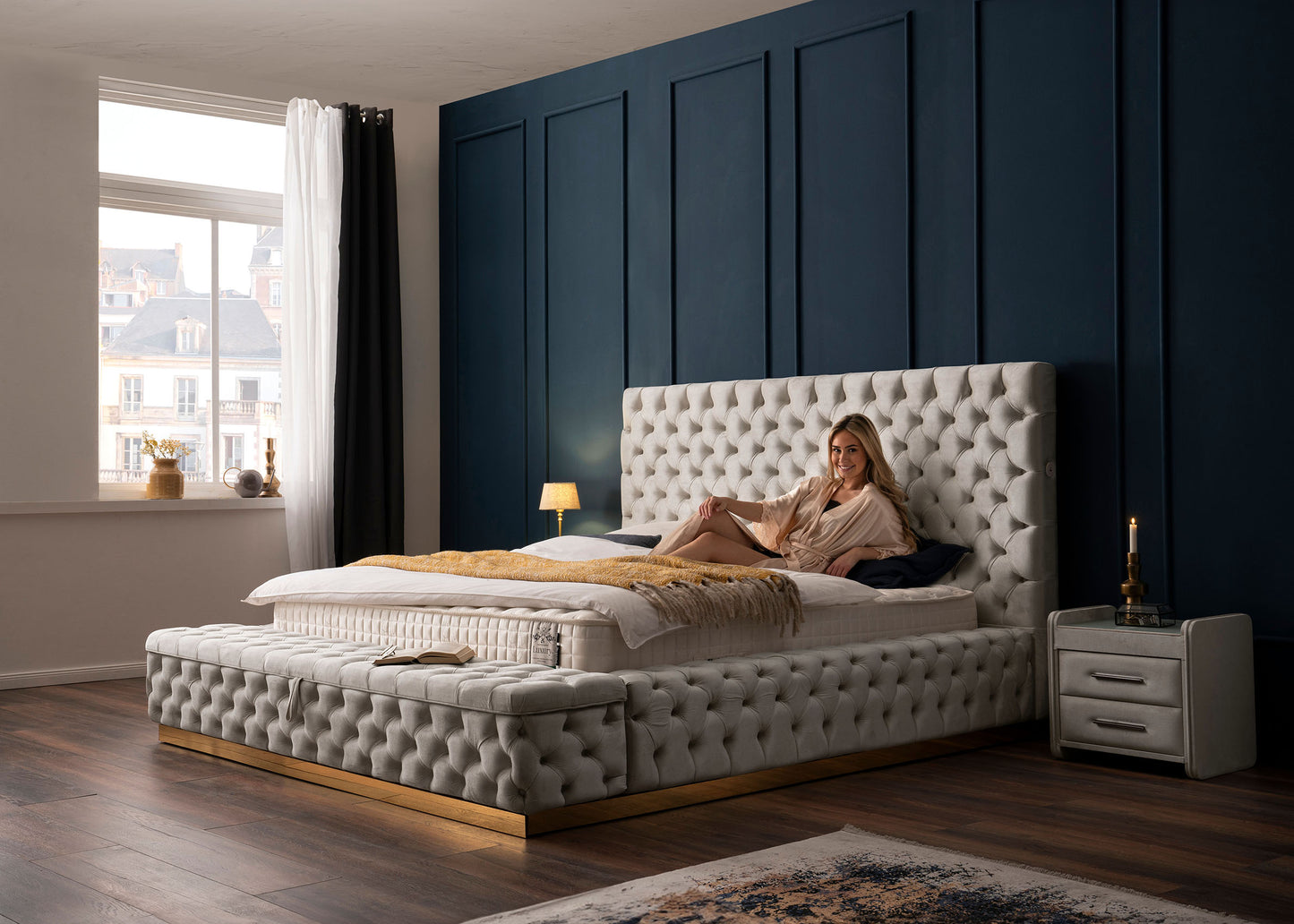 Luxus Bett mit Bettkasten XXL in Velours Plaza
