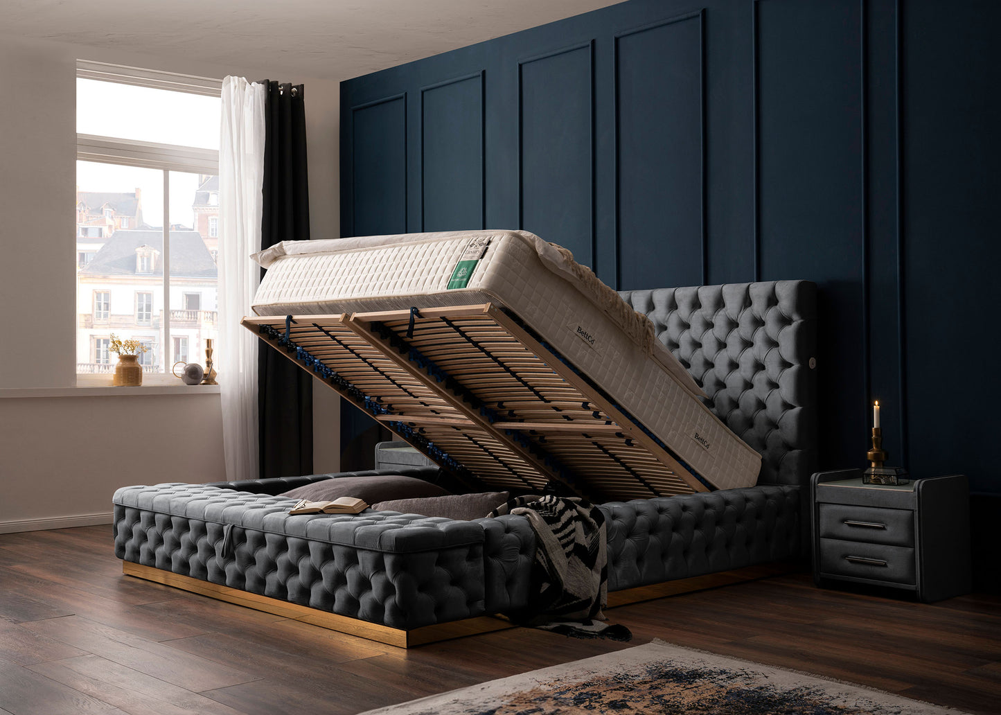 Luxus Bett mit Bettkasten in Velours Plaza