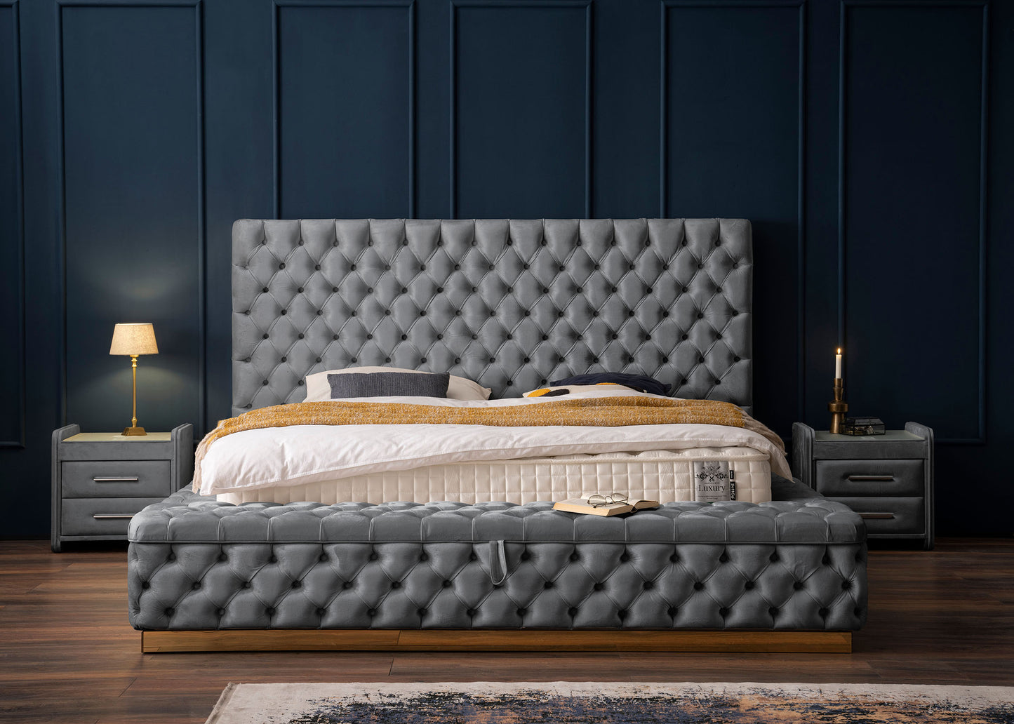Luxus Bett mit Bettkasten in Velours Plaza