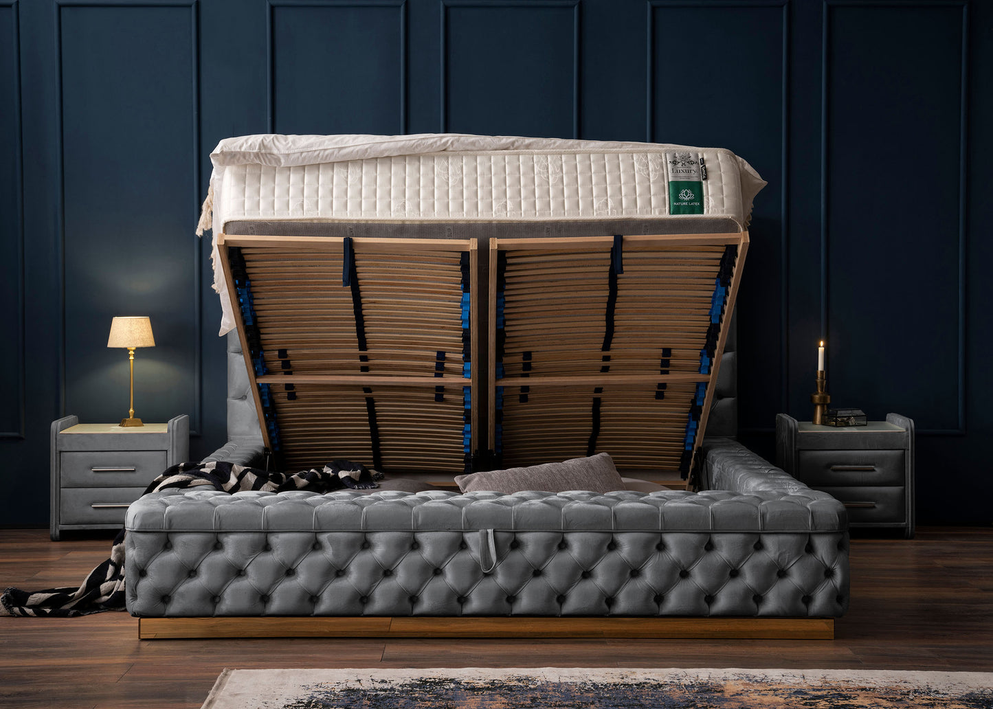 Luxus Bett mit Bettkasten in Velours Plaza