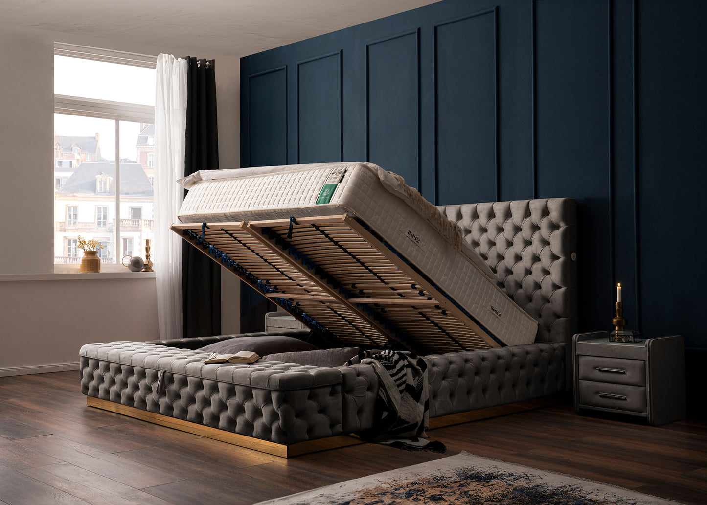 Luxus Bett mit Bettkasten XXL in Velours Plaza