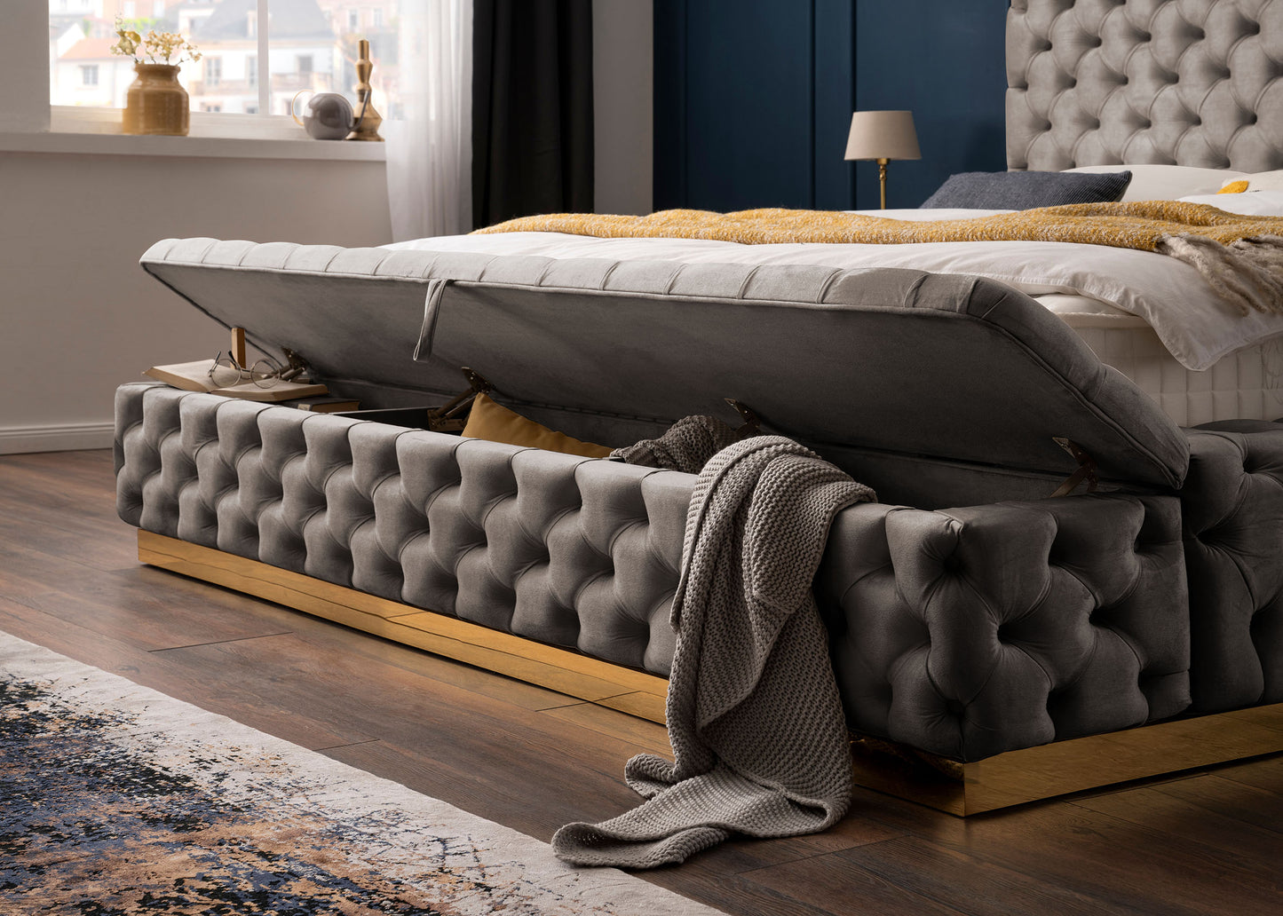 Luxus Bett mit Bettkasten XXL in Velours Plaza